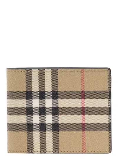 Shop Burberry Beige Bi-fold Wallet With Check Motif In Cotton Blend Man