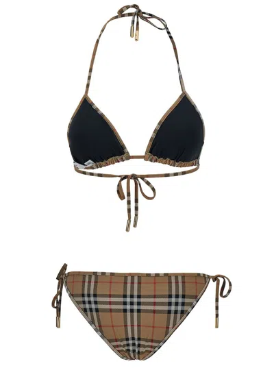 Shop Burberry Beige Bikini With Vintage Check Motif In Stretch Nylon Woman