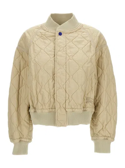 Shop Burberry Beige Quilted Bomber Jacket In Technical Fabric Woman