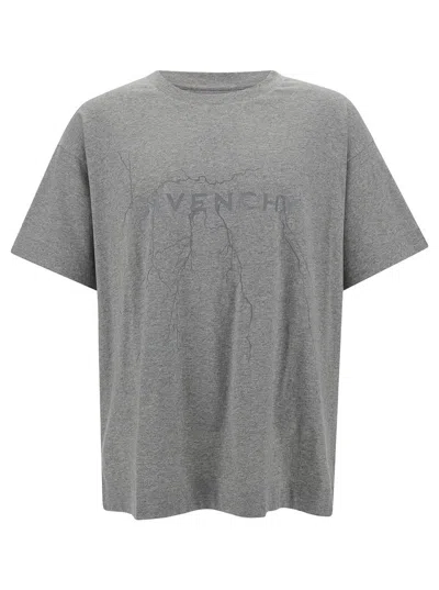 Shop Givenchy Grey T-shirt With Logo Print And Lighting Motif In Cotton Man