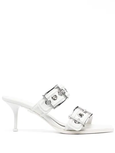 Alexander Mcqueen Boxcar Calfskin Dual-buckle Sandals In N.ivor,sil