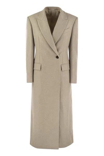 Brunello Cucinelli Lightweight Wool Cloth Coat With Jewellery In Beige
