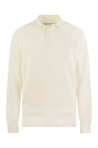Brunello Cucinelli Cotton Rib Knit Polo Shirt With Long Raglan Sleeve In Cream