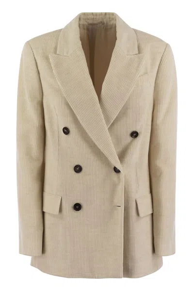 Brunello Cucinelli Viscose And Cotton Corduroy Jacket With Necklace In Ivory