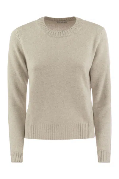 Brunello Cucinelli Women's Cashmere Sweater With Shiny Cuff Details In Pearl