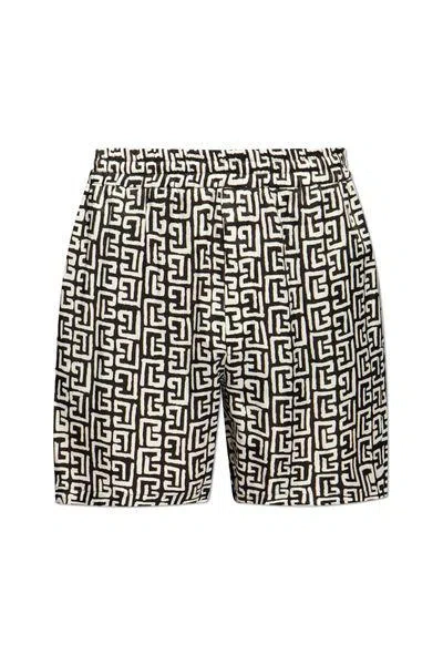 Balmain Monogrammed Elastic Waistband Shorts With Side Pockets In Blackwhite