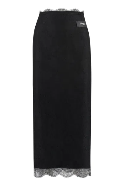 Dolce & Gabbana Midi Black Skirt With Re-edition Patch In Chantilly Lace Woman In Black