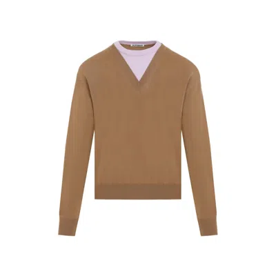 Jil Sander Brown And Lillac Double-neck Sweater In Wool Man In Nude & Neutrals