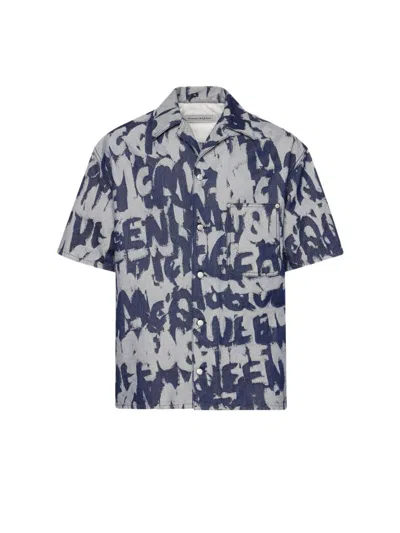 Alexander Mcqueen Graffiti Hawaiian Denim Shirt In Indigo