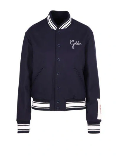 Golden Goose Dark Blue Virgin Wool Bomber Jacket In Dark Blue