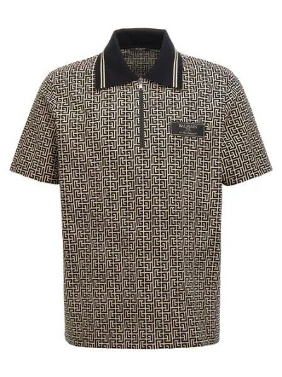 Balmain Labyrinth Polo Shirt With Jacquard Effect In Ivornoir