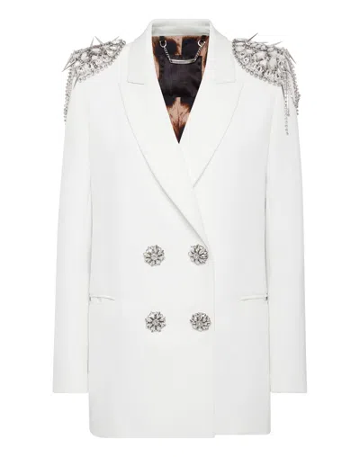 Philipp Plein Crystal-embellished Double-breasted Blazer In White