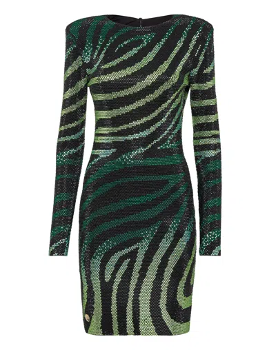 Philipp Plein Mini Dress Ls With Crystals In Green
