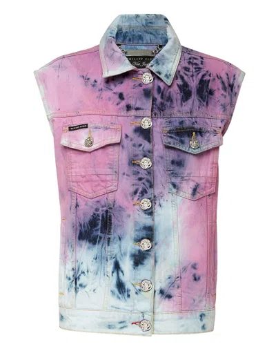 PHILIPP PLEIN DENIM VEST BLEACHED TIE DYE 
