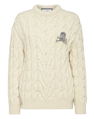 Philipp Plein Long-sleeve Cable-knit Jumper In White