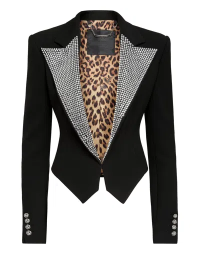Philipp Plein Crystal-embellished Cropped Blazer In Black