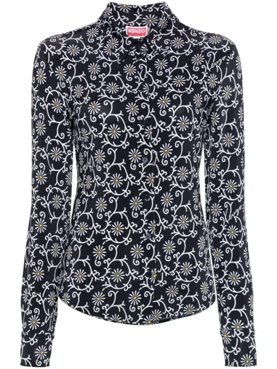 Kenzo Floral Print Long Sleeve Top In Blue