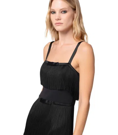 Elisabetta Franchi Fringed Dress With Adjustable Straps And Bow Accents In Black