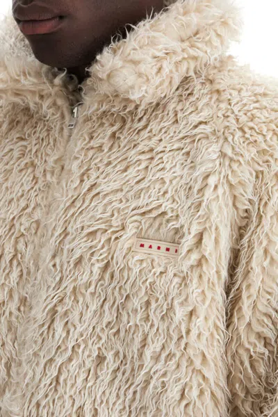 Shop Marni Faux Fur Jacket With Removable Hood. In Neutro