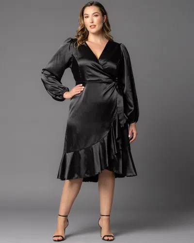 Kiyonna Serena Satin Ruffle Wrap Dress In Black