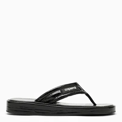 Coperni Logo-appliquéd Rubber-trimmed Croc-effect Patent Leather Flip Flops In Black
