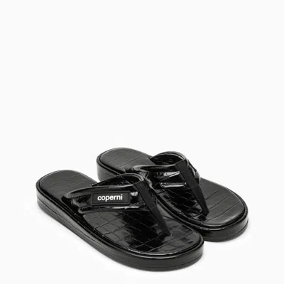 Coperni Logo-appliquéd Rubber-trimmed Croc-effect Patent Leather Flip Flops In Black