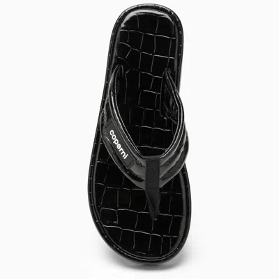Coperni Logo-appliquéd Rubber-trimmed Croc-effect Patent Leather Flip Flops In Black