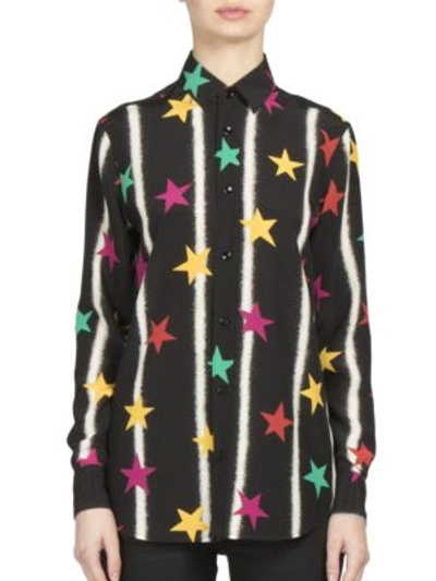 Saint Laurent Paris Collar Shirt In Black And Multicolor Stars And Spray Paint Printed Silk Crêpe In Black-multi