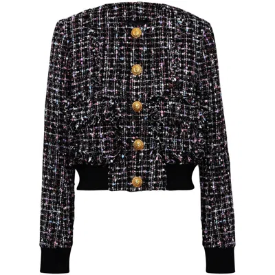 Balmain Buttoned Metallic Tweed Bomber Jacket In Black