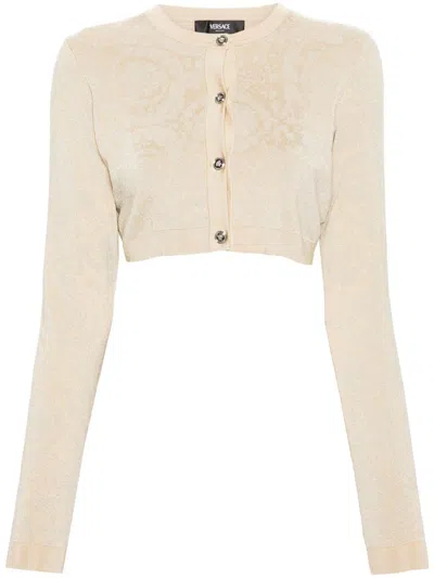Versace Barocco Texture Cropped Cardigan In Nude & Neutrals