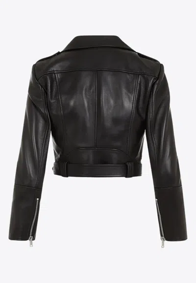 Shop Alexander Mcqueen Biker Leather Cropped Jacket In Black