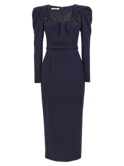 Alessandra Rich Crepe Dress With Belt And Shoulder Pads In Blue