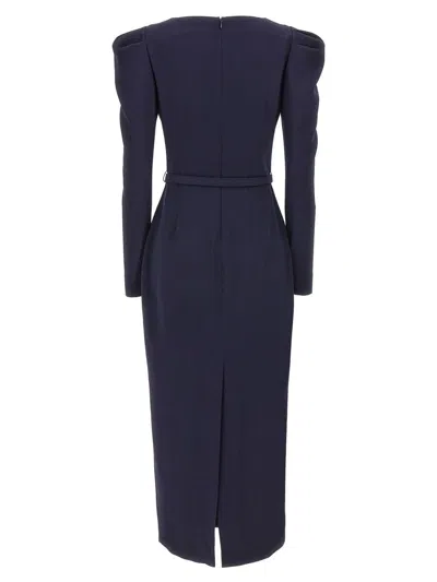 Alessandra Rich Crepe Dress With Belt And Shoulder Pads In Blue