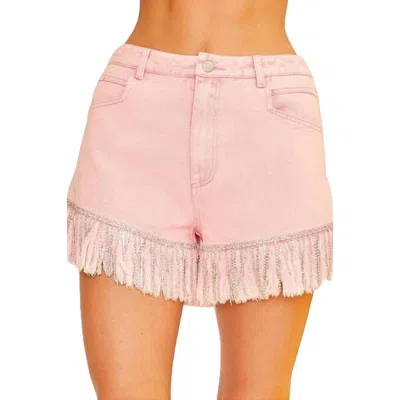 Main Strip Frayed Rhinestone Denim Shorts In Pink In Pink