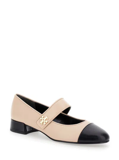 Shop Tory Burch 'capto' Pink And Black Mary Janes With Logo Detail And Contrasting Toe In Leather Woman