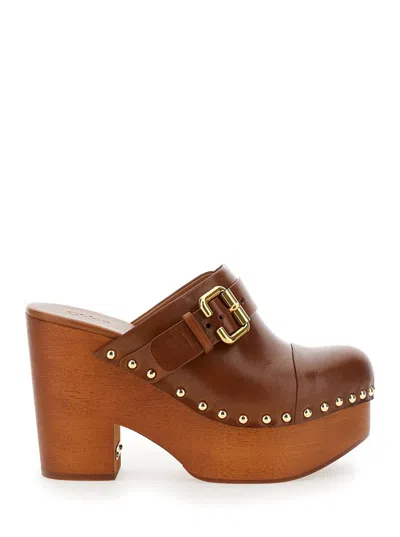 Shop Chloé 'jeanette' Brown Wedge Clog In Leather And Wool Woman