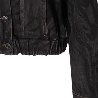 Ganni Animal Motif Denim Cropped Jacket In Black