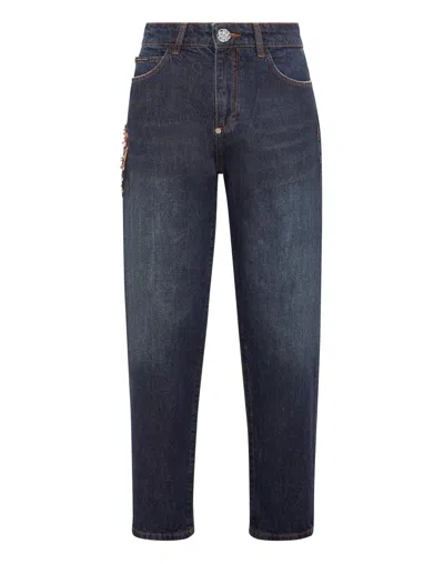 Philipp Plein Denim Trousers Mom Fit Paisley In Blue