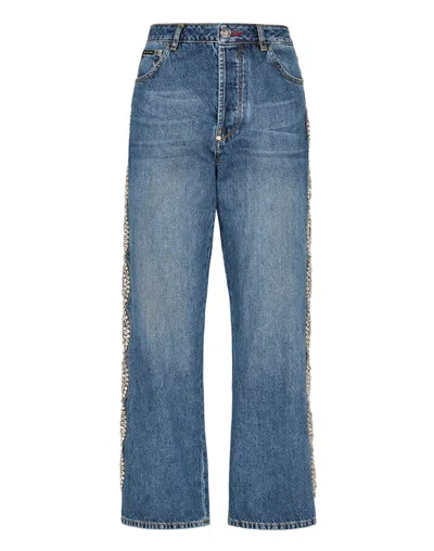 PHILIPP PLEIN DENIM TROUSERS LOOSE FIT CRYSTAL CABLE 