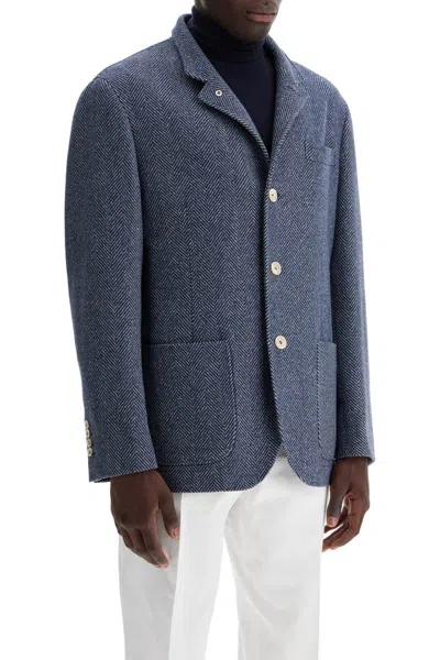 Shop Brunello Cucinelli Wool, Silk And Cashmere Chevron Coat In Blue