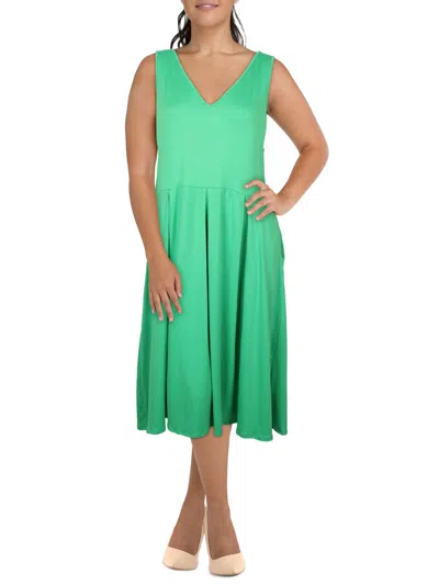 24seven Comfort Apparel Plus Size Sleeveless Midi Fit And Flare Pocket Dress In Green