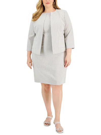 LE SUIT PLUS WOMENS STRIPED OPEN FRONT COLLARLESS BLAZER 