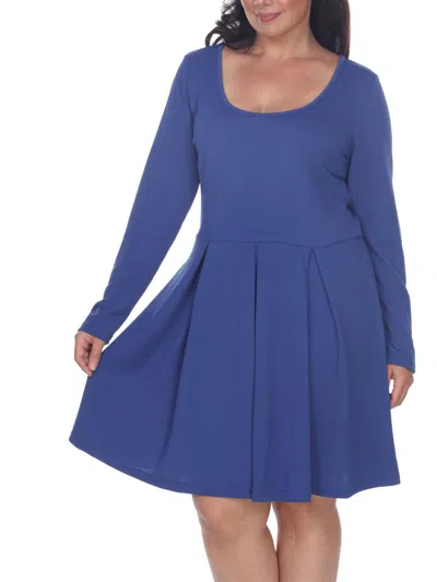 White Mark Plus Size Classic Long Sleeve Fit And Flare Dress In Blue
