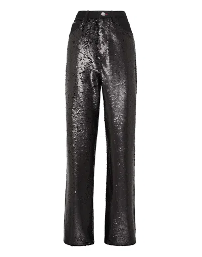 Philipp Plein Denim Trousers Super Loose Fit Paillettes In Black