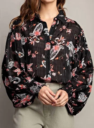 Eesome Paisley Bishop Sleeve Blouse In Black In Black