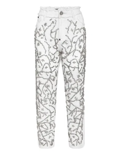 Shop Philipp Plein Denim Trousers Mom Fit Crystal In Multi