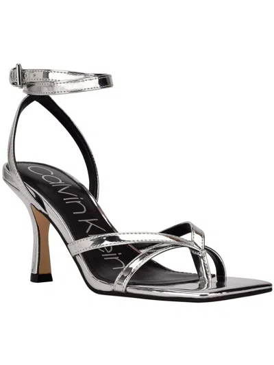Calvin Klein Montel Womens Faux Leather Square Toe Heels In Silver