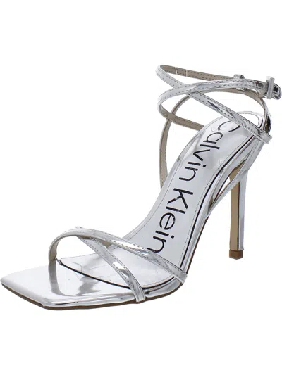 Calvin Klein Tegin Womens Faux Leather Ankle Strap Heels In Silver