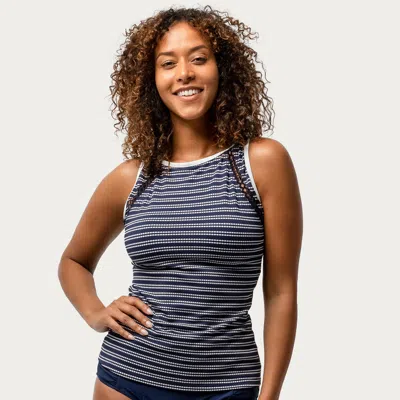 Free Country Women's Popcorn Stripe High Neck Tankini Top In Blue