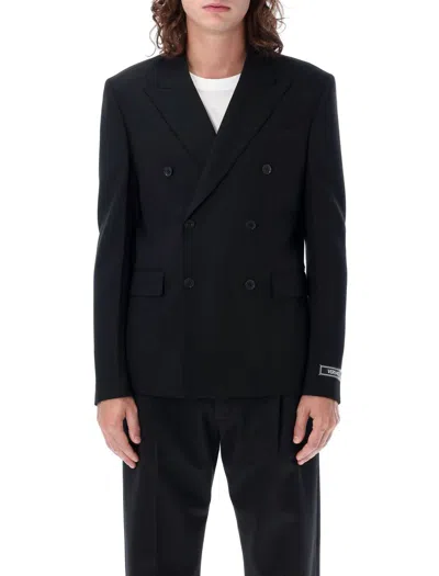 Shop Versace Double Breasted Blazer In Black